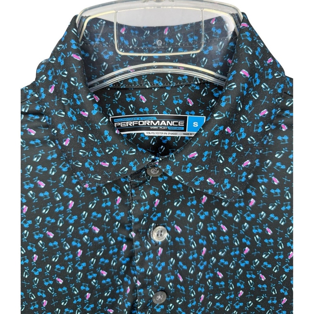 Roundtree & Yorke Performance Men's Small Black Golf Cart/Bag Print Polo Shirt